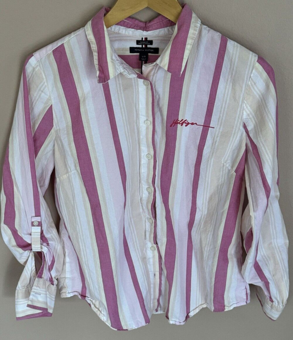 Tommy Hilfiger Womens Pink Button Down Long Sleeve Roll Tab Shirt Size Large
